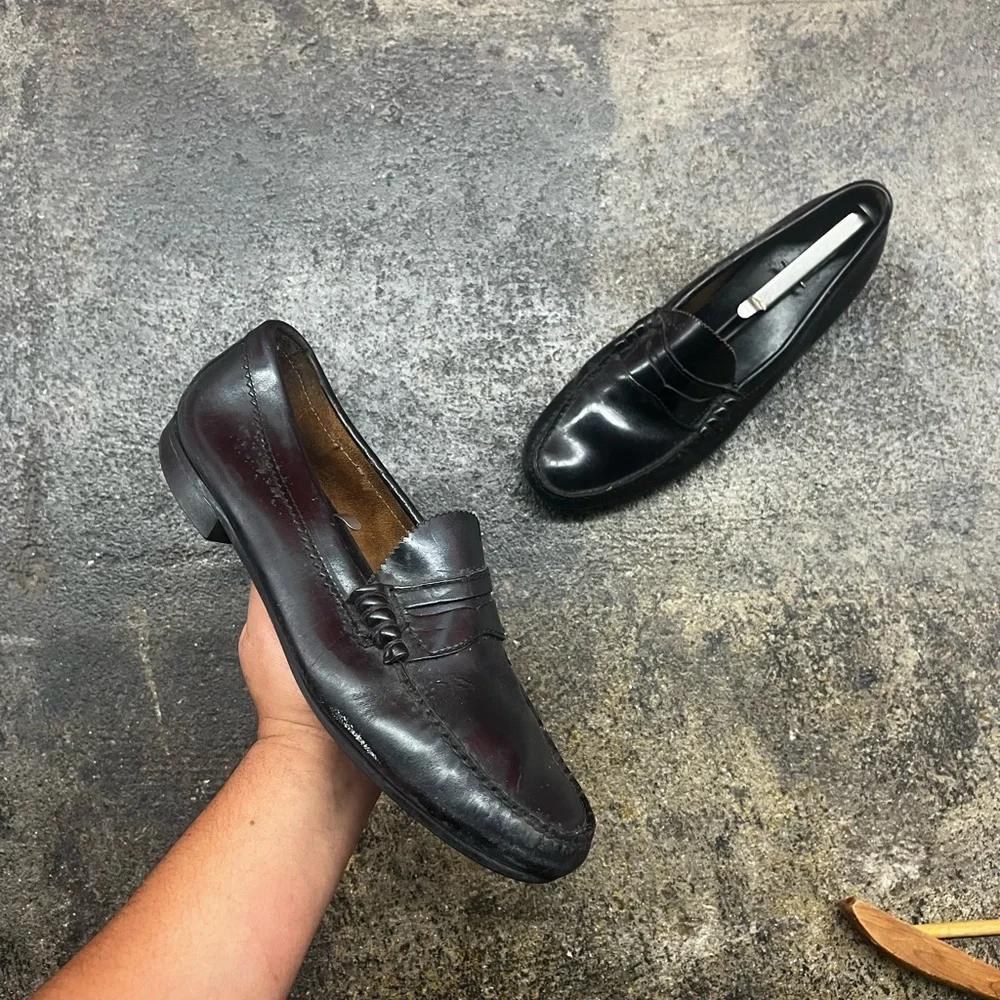 Vtg 90’s Black leather Chunky plain Penny loafers with silver buckle detail - Picture 1 of 7